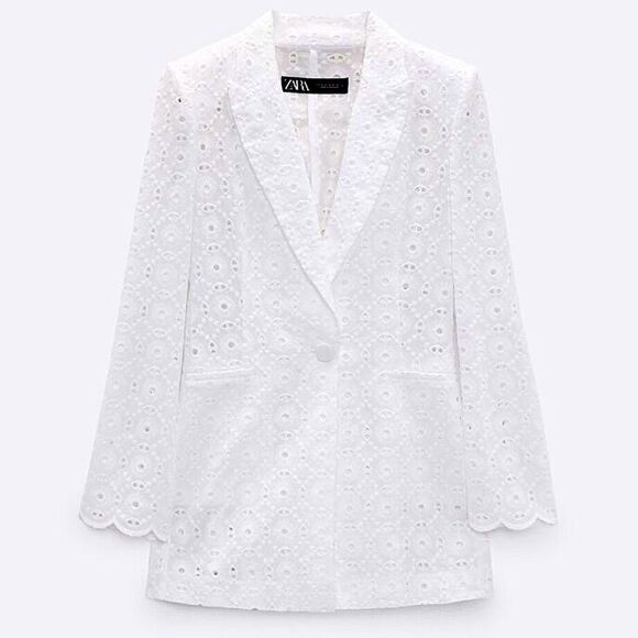 ZARA White PERFORATED EMBROIDERY BLAZER Jacket Size Small Ref. 2989/546 - Picture 1 of 7